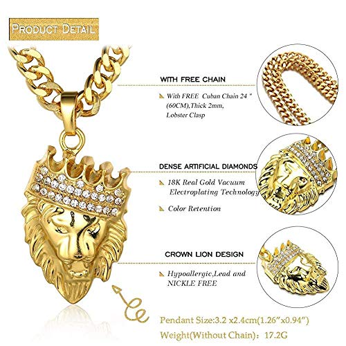 LJ Molde, elegante collar con colgante de león con corona chapada en platino de 18 quilates para hombres con cadena cubana gratis de 24 pulgadas (3 juegos)
