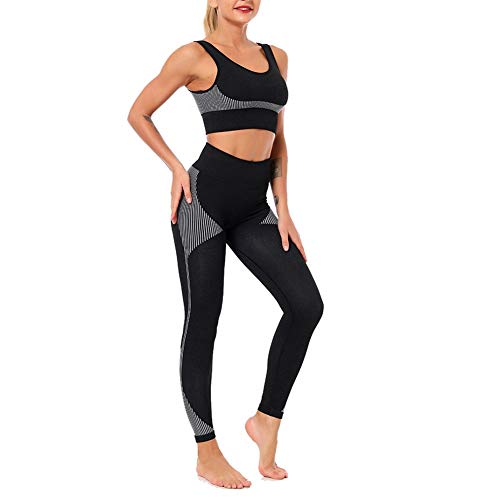 LJBOZ Conjunto De Ropa De Yoga para Mujer, Sujetador Sin Costuras + Pantalones Leggings Color Sólido Camiseta Gimnasio Corriendo Pantalones Conjuntos de ChándalB-M