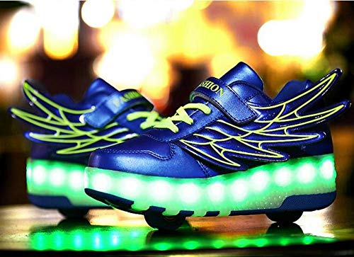 llh Automática Ruedas Ajustables LED Zapatillas,con Luces Ruedas Doble/Soltero Ruedas,Deportivos Zapatos Luminosas Flash Patines Sneaker para Niños Niñas con USB Carga,BlueDoubleWheel-29