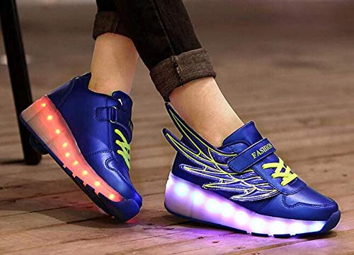 llh Automática Ruedas Ajustables LED Zapatillas,con Luces Ruedas Doble/Soltero Ruedas,Deportivos Zapatos Luminosas Flash Patines Sneaker para Niños Niñas con USB Carga,BlueDoubleWheel-29