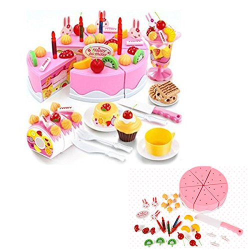 Locisne Niñas Niños 75Pcs DIY Corte de Pastel de Cumpleaños Postre Pretenda Jugar Juego de Alimentos Juguetes con Velas para Niños Regalo de cumpleaños de las niñas (pastel rosado)