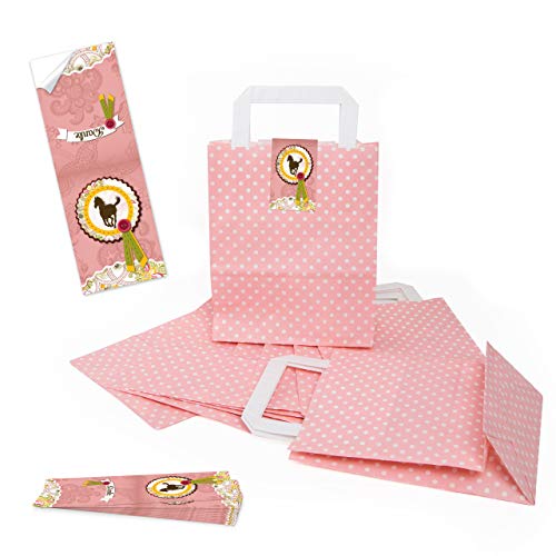 Logbuch-Verlag - Bolsas de papel con diseño de lunares rosa y blanco + banderolas de caballo, medalla de DANKE para niños, envoltorio de regalo, regalo para invitados 10 unidades