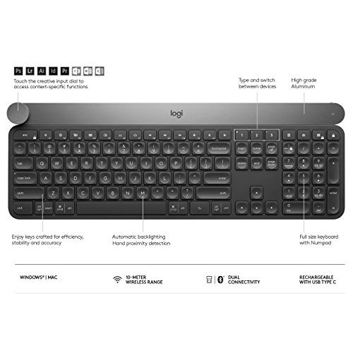 Logitech Craft Teclado Inalámbrico, 2,4 GHz/Bluetooth, Disco Selector Creativo, Multi-Dispositivos, Teclas Retroiluminadas Automáticas, Recargable, PC/Mac/Portátil, Disposición QWERTY Español - Negro