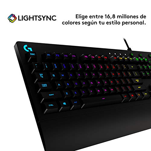 Logitech G213 Prodigy Teclado Gaming, Retroiluminación RGB LIGHTSYNC, Resistente a Salpicaduras, Personalizable, Controles Multimedia, Disposición QWERTY Español, Negro