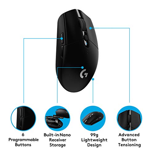 Logitech G305 Lightspeed Ratón Gaming Inalámbrico, Captor HERO 12,000 DPI, Ultra-ligero, Batería de 250h, Memoría Integrada, Compatible con PC/Mac ,Versión Alemana , Negro