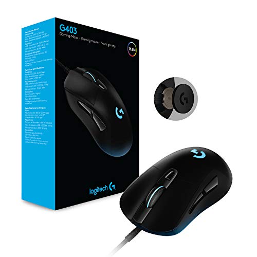 Logitech G403 Lightspeed Ratón Gaming, Captor HERO 16.000 DPI, Pesos Ajustables, 6 Botones Programables, Memoría Integrada, Compatible con PC/Mac, Negro