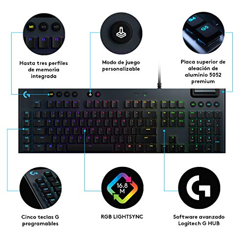 Logitech G815 Lightspeed - Teclado mecánico para juegos, GL Táctil, CARBON, ESP, USB-N/A, MEDITER, Interruptor táctil, RGB