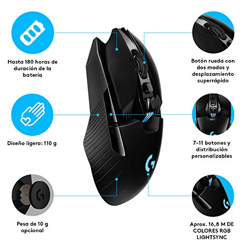 Logitech G903 Lightspeed Ratón Gaming Inalámbrico, Captor Hero 16,000 dpi, RGB, Ultraligero, Botones Programables, Batería de 140h Memoría Integrada, Ambidiestro, Compatible con PC/Mac, Negro