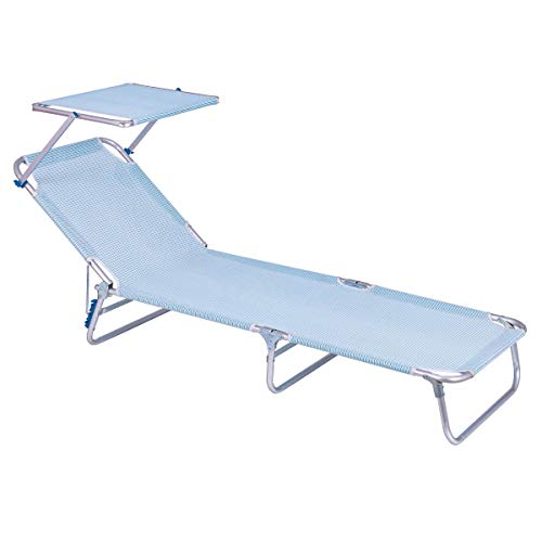 LOLAhome Tumbona Playa con Visera Parasol de Aluminio con 3 Posiciones (Azul y Blanco)