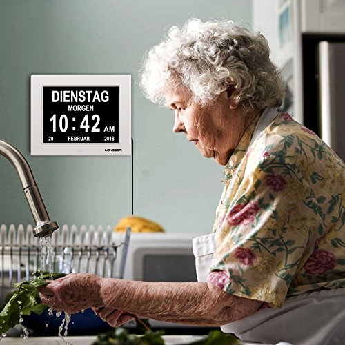 Longsea Reloj Calendario Digital 8" Multifunción Reloj Despertador Soporte de Tarjeta SD para Reproducir Fotos y Videos, 8 Alarmas Programables, para Todos Especialmente Alzheimer y Niños (Blanco)
