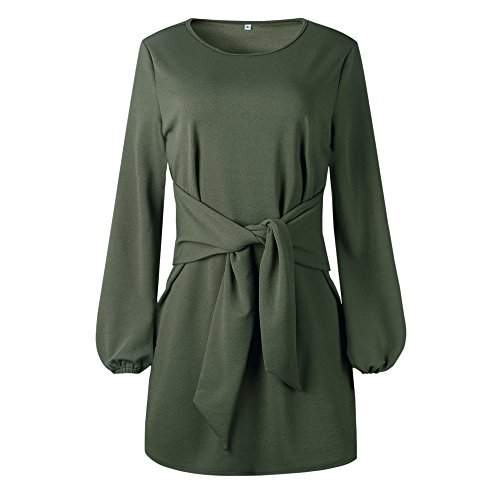 Longwu La Suelta de Manga Larga Casual Frente Corbata Vendaje Vestido de Fiesta Verde-M