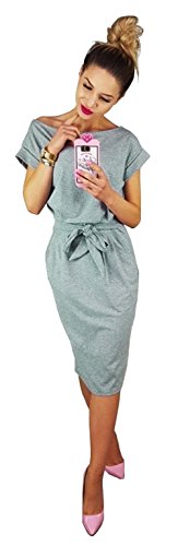 Longwu Vestido de Manga Corta Elegante de Las Mujeres para Trabajar el Vestido Ocasional del lápiz con la Correa Gris-S