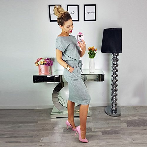 Longwu Vestido de Manga Corta Elegante de Las Mujeres para Trabajar el Vestido Ocasional del lápiz con la Correa Gris-S