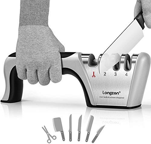 longzon Afilador de Cuchillos,Afilador de Cuchillos Manual, 4 en 1 Afilador Cuchillos Profesional con Guantes Antideslizantes para Cocina, para Cuchillos y Tijeras