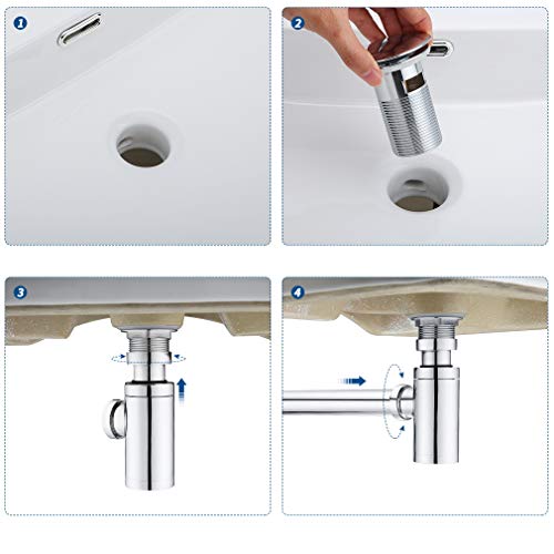 Lonheo - Sifón de Lavabo Baño Universal de Acero Inoxidable Cromado, Tapones de Desagüe Lavabo con Rebosadero Desagüe, Sifón de Desagüe G1-1/4 para Lavabo y Fácil de Limpiar