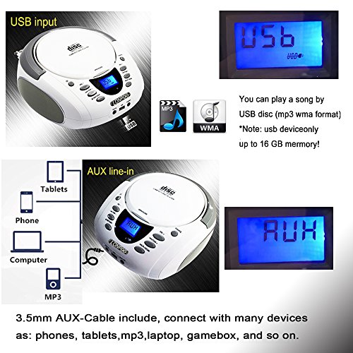 LONPOO Radio CD-MP3 y Reproductor CD Portátil con Bluetooth/FM/USB/AUX-IN/Salida de Auriculares/Estéreo Altavoz (Blanco 02)