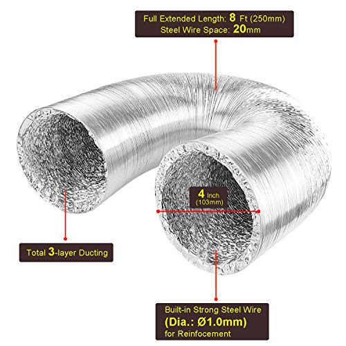 LOOTICH Tubo Flexible de Aluminio Ø100mm Longitud 2.5m para Conducto de Aire de Ventilación Sistemas con 2 Abrazaderas de Acero