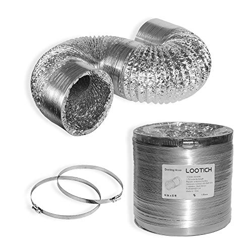 LOOTICH Tubo Flexible de Aluminio Ø153mm, Longitud 2.5m para Conducto de Aire de Ventilación Sistemas con 2 Abrazaderas de Acero