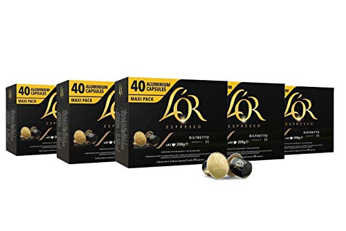 L'OR Espresso Café Ristretto Intensidad 11 - Nespresso® * Cápsulas de café de aluminio compatibles - 5 paquetes de 40 cápsulas (200 bebidas)