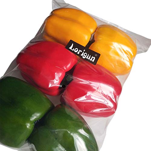 Lorigun Artificial Bell Peppers Verduras Falsas Pimientos Coloridos para decoración, Vegetales Decorativos, pimientos Rojos, Verdes y Amarillos 6 Piezas (Cada Color 2 Piezas)