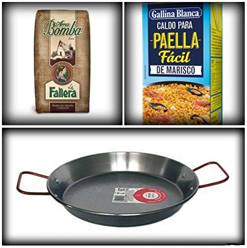 Lote 1kg arroz bomba la fallera + 1 lt. Caldo paella fácil gallina blanca + Paellera acero pulido 36 cm