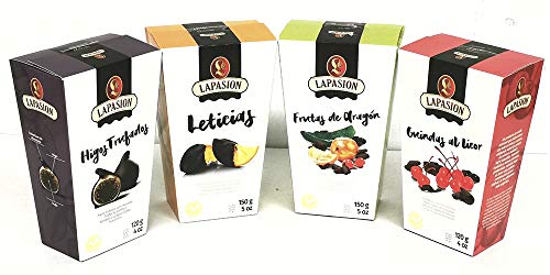 Lote 4 Productos Gourmet LAPASION. Frutas de Aragón, Guindas, Higos trufados, Gajos de naranja confitada bañados en cobertura de chocolate.