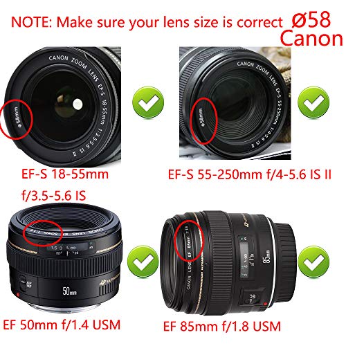 Lote de 2 tapas de objetivo central de 58 mm para Canon 1500D 1300D 200D EF-S 18-55mm EF 50mm f/1.4 lente / Nikkor lente de 55-300mm 50mm/1,4 G / Fujifilm X-A10 X-A3 XC16-50mm X-T20 X-T3 XF18-55mm