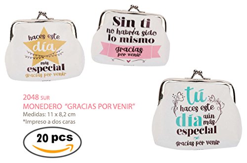 Lote de 20 Monederos Frases"GRACIAS POR VENIR" - Monederos con Frases Divertidas para Bodas, Bautizos y Comuniones. Monederitos y Carteras Originales Baratos para Recuerdos y Detalles