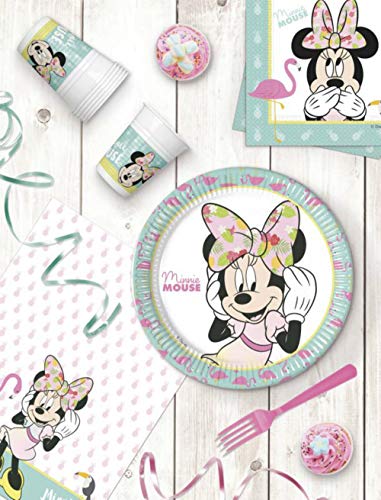 Lote de Cubiertos Infantiles Desechables "Minnie Tropical" (8 Vasos, 8 Platos ,20 Servilletas y 1 Mantel).Vajillas y Complementos. Juguetes para Fiestas de Cumpleaños, Bodas, Bautizos y Comuniones.