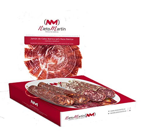 LOTE DEGUSTACION EMBUTIDOS IBERICOS. 1 Plato de 80gr de Jamón Cebo ib. 50% raza ibérico corte cuchillo, 1 Vela Chorizo Bellota 500 gr aprox. y 1 Vela Salchichón Bellota 500 gr apox. Todo al vacio.