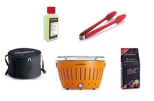 LotusGrill - Barbacoa con conexión USB, 1 carbón de haya de 1 kg, 1 pasta de combustión de 200 ml, 1 pinzas de salchicha rojo fuego y 1 bolsa de transporte - la barbacoa de carbón vegetal sin humo, Naranja mandarina.