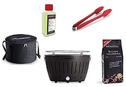 LotusGrill - Barbacoa con conexión USB, 1 carbón de haya de 1 kg, 1 pasta de combustión de 200 ml, 1 pinzas de salchicha rojo fuego y 1 bolsa de transporte - la barbacoa de carbón vegetal sin humo, gris