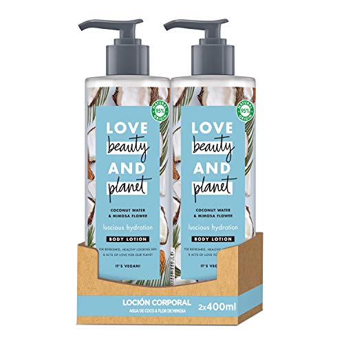 Love Beauty and Planet Loción corporal para Piel fresca y saludable, Agua de Coco y Flor de Mimosa Vegano - Pack de 2 x 400 ml (Total: 800 ml)