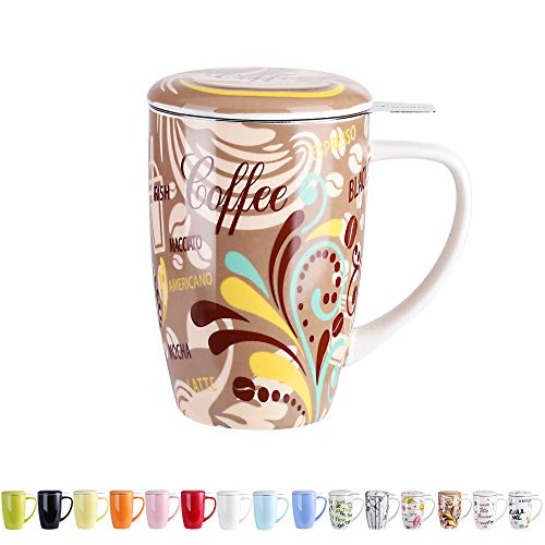 LOVECASA Taza de Te Porcelana Mug Infusión con Filtro y Tapa, Color Café 450 ML