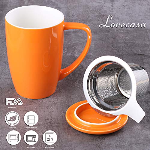 LOVECASA Tazas de Té con Tapa y Filtro Acero inoxidable 450 ML, Taza Tisana de Porcelana Naranja