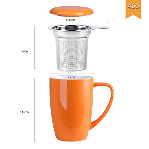 LOVECASA Tazas de Té con Tapa y Filtro Acero inoxidable 450 ML, Taza Tisana de Porcelana Naranja