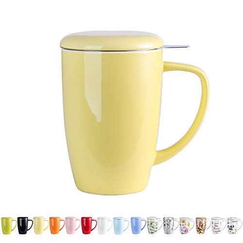 LOVECASA Tazas de Té con Tapa y Filtro Acero inoxidable 450 ML, Tisana de Porcelana Amarillo