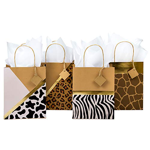 Loveinside Bolsas De Regalo Kraft De Tamaño Mediano - Bolsas De Regalo con Diseño Impreso De Leopardo/Cebra/Ciervo/Vaca con Papel De Seda para IR De Compras,Fiestas - Paquete De 4-20.4X10.2X25.4CM