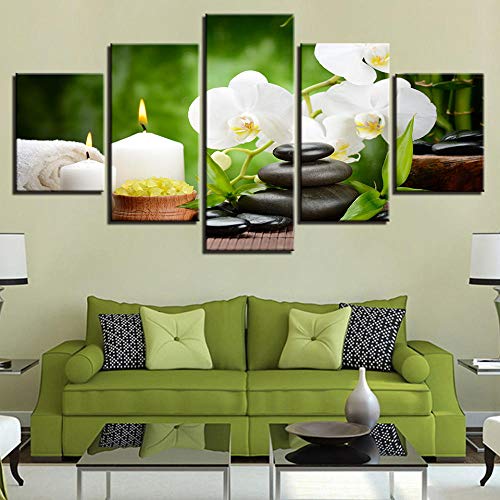 LOVELYJ Pinturas En Lienzo Sala De Estar Arte De Pared En Vivo Impresiones En HD Carteles 5 Piezas Piedras Vela Orquídea Flores Imágenes Decoración para El Hogar-SinMarco