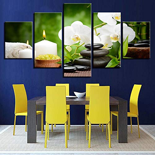 LOVELYJ Pinturas En Lienzo Sala De Estar Arte De Pared En Vivo Impresiones En HD Carteles 5 Piezas Piedras Vela Orquídea Flores Imágenes Decoración para El Hogar-SinMarco