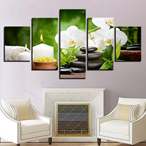 LOVELYJ Pinturas En Lienzo Sala De Estar Arte De Pared En Vivo Impresiones En HD Carteles 5 Piezas Piedras Vela Orquídea Flores Imágenes Decoración para El Hogar-SinMarco