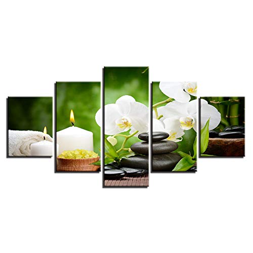 LOVELYJ Pinturas En Lienzo Sala De Estar Arte De Pared En Vivo Impresiones En HD Carteles 5 Piezas Piedras Vela Orquídea Flores Imágenes Decoración para El Hogar-SinMarco