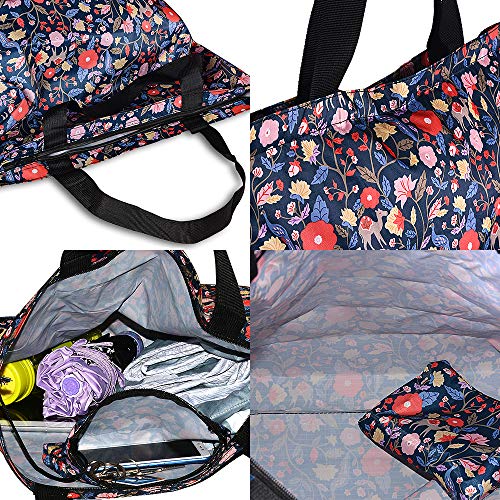 LOVEXIU Bolsas Reutilizables Compra Grande 17L,Bolso Tote Mujer Azul Floral,Bolso Playa Impermeable Ligero con Pequeña Bolsa Pouch Cremallera