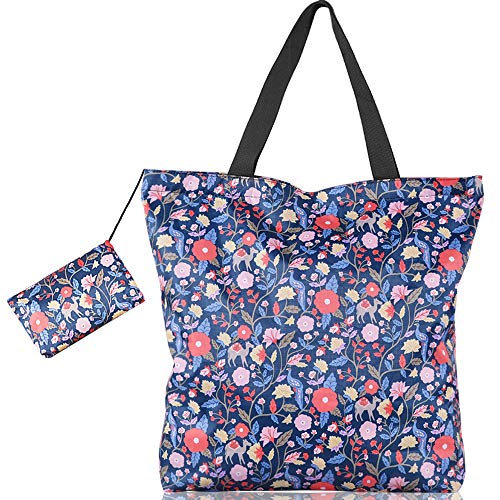 LOVEXIU Bolsas Reutilizables Compra Grande 17L,Bolso Tote Mujer Azul Floral,Bolso Playa Impermeable Ligero con Pequeña Bolsa Pouch Cremallera