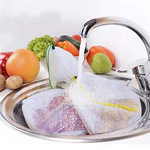 lqgpsx 12 Unids/Set Bolsas de Productos Reutilizables Malla de Cordón Bolsa de Almacenamiento de Frutas Vegetales Blanco Un Tamaño