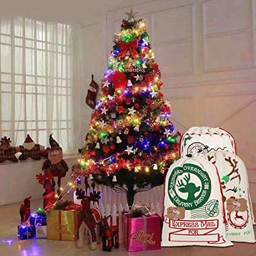 LSJDEER Paquete de 4 Sacos de Papá Noel, Grandes Bolsas navideñas con Cordones para Envolver Regalos, calcetín de Lona de 19,7 x 27,5 Pulgadas (3)