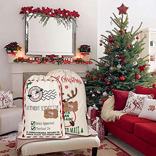 LSJDEER Paquete de 4 Sacos de Papá Noel, Grandes Bolsas navideñas con Cordones para Envolver Regalos, calcetín de Lona de 19,7 x 27,5 Pulgadas (3)