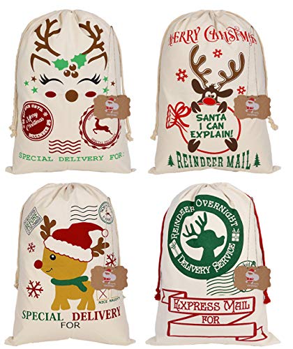 LSJDEER Paquete de 4 Sacos de Papá Noel, Grandes Bolsas navideñas con Cordones para Envolver Regalos, calcetín de Lona de 19,7 x 27,5 Pulgadas (3)