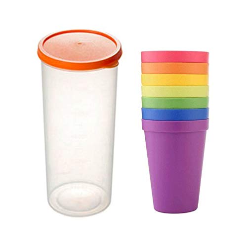 LSTK Juego de Vasos, Sin BPA, Reutilizables y encajables; 7 Vasos de plástico de Colores (200 ml) y 1 Botella de Agua (500 ml)