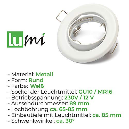 Lu-Mi 10x Juego De Proyectores focos empotrables led Gu10-10 Unidades De Bastidor De Montaje De Blanco, Incl. Zócalo Gu10 Para Lámparas De Leds O Halógenas, Giratorio 30°, Redondo